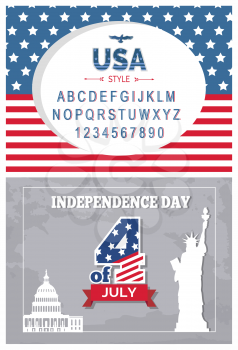 Flag day typography posters set Independence on 4 of July font sample, American Statue of Liberty and Washington capitol. Vector greetings US symbols