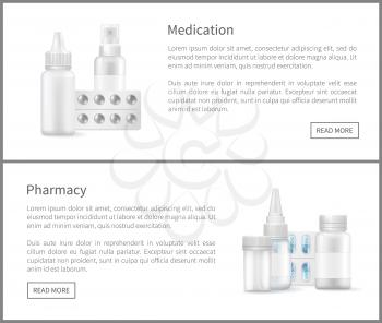 Medication pharmacy web posters with blank medical containers for capsules and spray, pills blister 3D vector set. Aerosol bottles empty packages