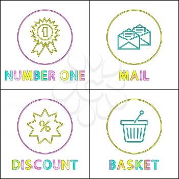 Shopping icons for e-commerce and online store in minimalistic outline style. Discount and best seller offer, goods basket and notification letter.