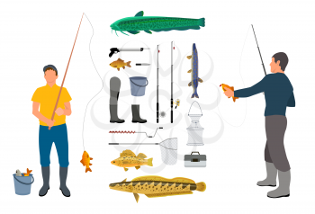 Full length angler model illustration with fishing tackle in hand and catch. Fisherman clothes and tools. Trap net and bucket, knife and hook poster.
