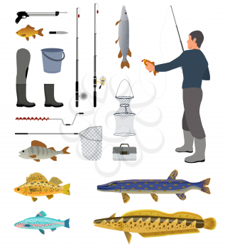 Fishing equipment and fisher with haul banner, isolated on white backdrop vector illustration of rods nets knife bucket and various fishes, tools set