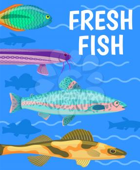 Fresh fish in blue water color vector illustration, different underwater animals with shine and glossy skin, abstract waves and dark silhouettes set