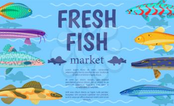 Fresh fish market advertising vector illustration, different marine inhabitants collection, colorful underwater animals set, shop with healthy food