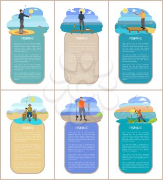 Fishing posters with headlines, text samples. People wearing waders protective hat and special clothes. Men catching fish hobby vector illustration
