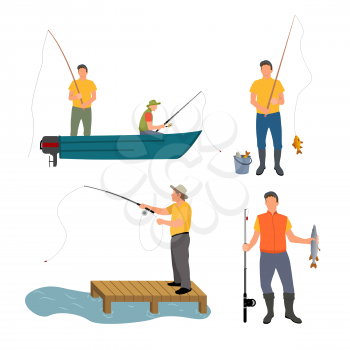 Fishing process isolated on white vector banner, illustration of men in boat and on wooden masonry with different fishing-rods, catched fish in bucket