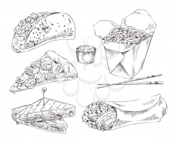 Take away meal for snack bar. Taco and burrito, pizza and sauce, Chinese noodles in box and English triangular sandwiches. Monochrome icons set in sketch style.