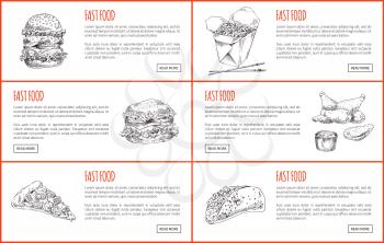 Large juicy burger and cheesy pizza, Chinese noodles and chopsticks, chicken nuggets with dip and stuffed taco. Sketch style landing pages vector set.