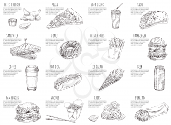 Soft drink and italian pizza sketches on posters. Hamburgers and fried chicken served with sauce. Ice cream and noodles in box vector illustration
