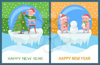 Happy New Year pig decorating Christmas evergreen tree set vector. Frozen ice, piglets building snowman together. Glass baubles with snowfall winter