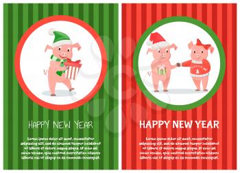 Congratulations card new 2019 year of piggy. Boy in red hat sanding present to girl with big bow and warm jersey. Pig standing with gift box vector