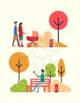 People walking in autumn park, family with newborn baby in pram vector. Father and mother pulling perambulator, man playing with bird sitting on hand