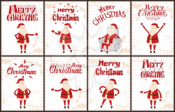 Santa Claus stickers set, cartoon character on grunge backdrop. Merry Christmas wintertime vector greeting cards with dancing, sitting on armchair, showing ok sign man