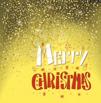 Merry Christmas lettering text with snowman, spruce trees and snowflakes icons isolated on golden background with glittering sparkles. Vector glitter of gold