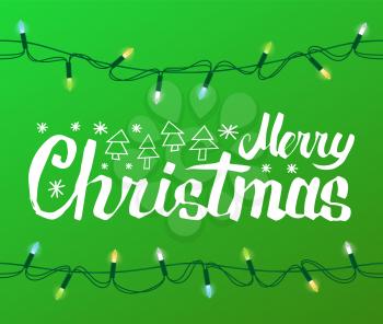 Merry Christmas greeting text with spruce or fir New year trees icons, winter snowflakes isolated on green background with garland light bulbs, color sparkles