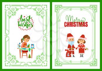 Best wishes postcard in ornamental frame with girl cutting postcard from paper. Santa Claus and Snow Mermaid vector. Christmas winter holidays characters