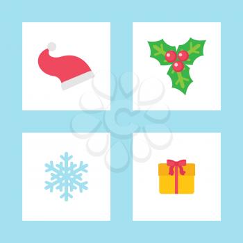 Christmas party people decoration. Red berries with green leaves and small present with bow. Santa Claus hat and blue snowflake vector illustration