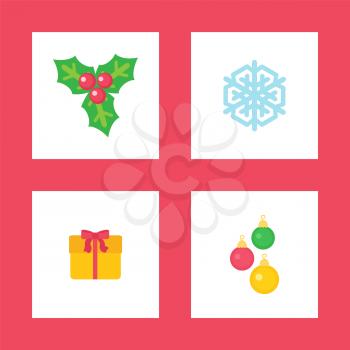 Mistletoe plant symbolic image of Christmas winter holiday isolated icons vector. Snowflake ice, baubles decorative elements, present giftbox with bow