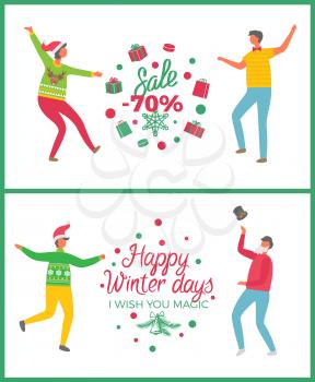 Christmas sale seventy percent price reduction vector. People dancing celebrating new year approaching, good shops deals and market proposition offers