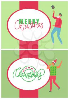 Merry Christmas, happy winter holidays posters vector. Bearded man throwing hat with mistletoe berry and leaf, person wearing Santa Claus red cap