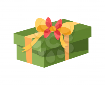 Gift box decorated with bow made of tape ribbon vector. Square container box with surprise, holiday tradition of exchanging presents. Floral decor