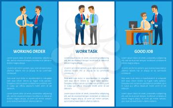 Working order and work task, good job. Boss giving instructions to employee, conversation between colleagues. Leader encouraging coworker, vector