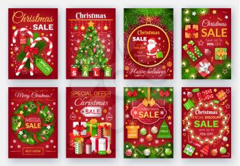 Christmas sale design cards. Vector illustration with fir-tree and gifts with garlands and wreath with Santa. Brochure with best price and discount vector