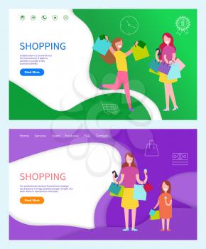 Shopping day women in yellow and purple t-shirt with skirt and trousers. Child holding bags near lady with packages and phone vector colored background
