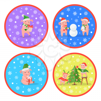 New Year pig with gift boxes, merry piglet couples, Christmas tree and snowman. Pigs in Santa hats and knitted scarf, winter holidays, zodiac animals vector