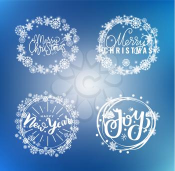 Happy New Year, Merry Christmas wishes, and joy, lettering doodles in wreath of snowflakes. Vector calligraphy messages, greetings with winter holidays