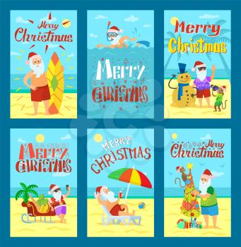 Collection of Merry Christmas postcards holiday. Santa have rest on beach with monkey and snowman, swimming and standing with phone and surfboard vector