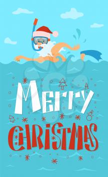 Merry Christmas, Santa Claus swimming in diving mask and red hat, New Year character on summer holidays vector sea and skyline. Water splashes and old man