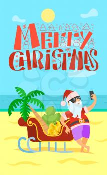 Merry Christmas, Santa Claus and sleigh full of bananas and grapes, palm tree. Vector New Year Character in tropical country at coastline, sand and seaview