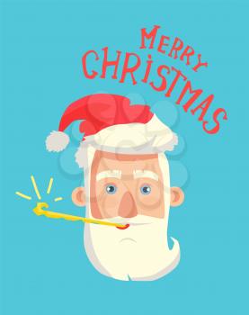 Merry Christmas greeting card with Santa Claus head, New Year pipe in mouth. Old bearded man in red head, face of Father Frost isolated on blue, vector