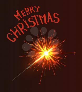 Merry Christmas Bengal light in realistic design, vector. Greeting text, sparkler with burning fire isolated on brown. New Year congratulation postcard