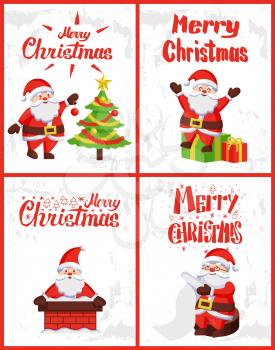 Merry Christmas, Saint Nicholas checking wish list, decorating Xmas tree, sitting on wrapped gifts, looking from chimney pipe, vector. Santa Claus adventures