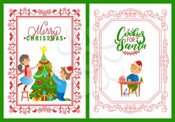 Children decorating tree on Merry Christmas postcard. Cookies for Santa greetings and boy writing letter with wishes to Santa Claus, vector in frame