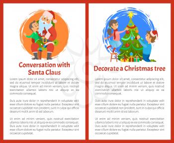 Conversation with Santa and decorative Christmas tree, winter holidays celebration vector. Family father and daughter decorating pine tree with garlands