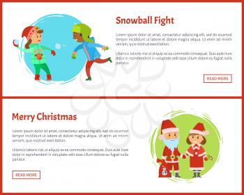 Snowball fights and merry Christmas characters Snow Maiden and Santa Claus. Holidays, children playing snow balls vector. Boy and girl, winter activity