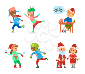 Children having fun on Christmas holidays days vector. Boy and girl on skating rink, kid writing letter to Santa Claus. Winter  character with presents