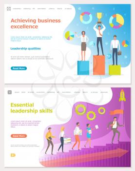 Achieving business excellence, workers with prize vector. Rocket startup of company, person leading people, leader walking up stairs. Gears and trophy