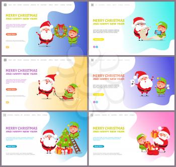 Merry Christmas Santa Claus and elf winter holiday vector. Characters with mistletoe wreath and tree decoration, list with children who get presents