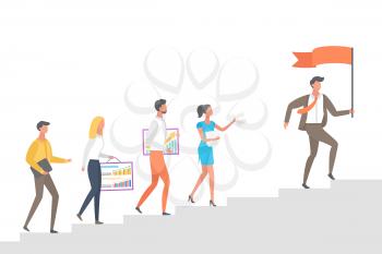 People going upstairs, following leader boss with red flag in hands vector isolated. Cartoon characters with graphs and charts on board go to top, vector