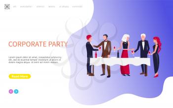 Colleagues men and women drinking wine on corporate party meeting near table. Group of business people celebration vector in flat style illustration