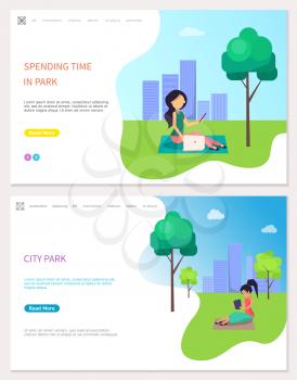 Spending Time in park, freelancer at work outdoors vector. Lady with laptop and notebooks, searching for business ideas. Working women, distant job