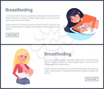 Breastfeeding informative banners set with women who feed their little newborn babies vector sample texts online pages with push buttons learn more