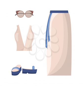 Skirt and top summer mode, accessories and clothing, clothes of summer mode, collection with sunglasses and shoes, isolated on vector illustration