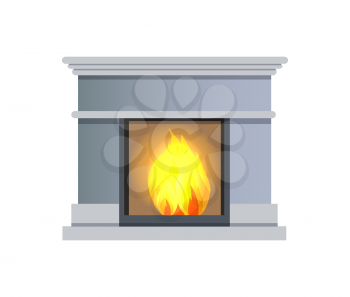 Fireplace made of stone of grey color with fire inside, fireplace as decorative element in house and heating object, isolated on vector illustration