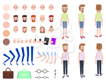 Animated man constructor head with various emotions, skin colors and hairstyles, gesture signs and accessories glasses and cases male constructor vector