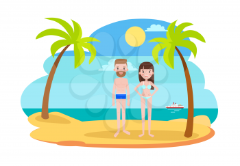 Man and woman in swimsuits on the beach with palms stand on sand at coastline with ship on background, man and woman in bikini vector summertime holiday