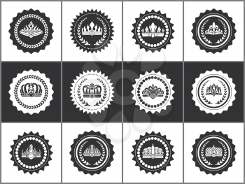 Crowns on heraldic stamps black and white set. Ancient heraldic symbol round emblem. Gorgeous crown as symbol of power isolated vector illustrations.